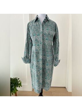 TONALA Peacock Print 100% Cotton Button Front Shirt Dress Long Sleeve Cuff Chic
